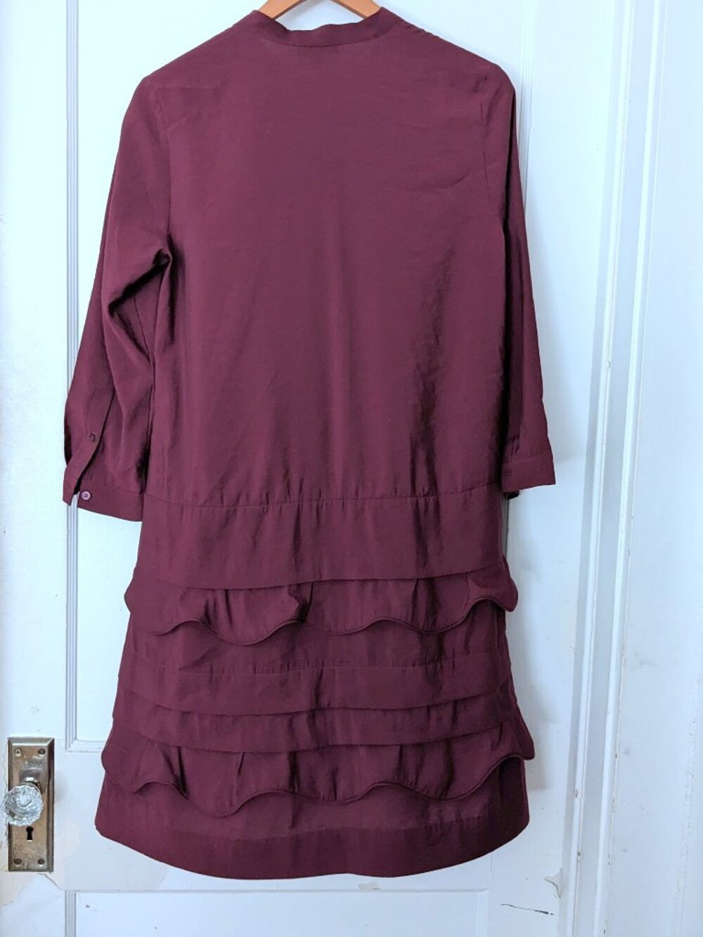 COS Scalloped Trim Layered Ruffle Mini Dress Long Sleeve Pocket Burgundy Size 6 - Picture 8 of 11